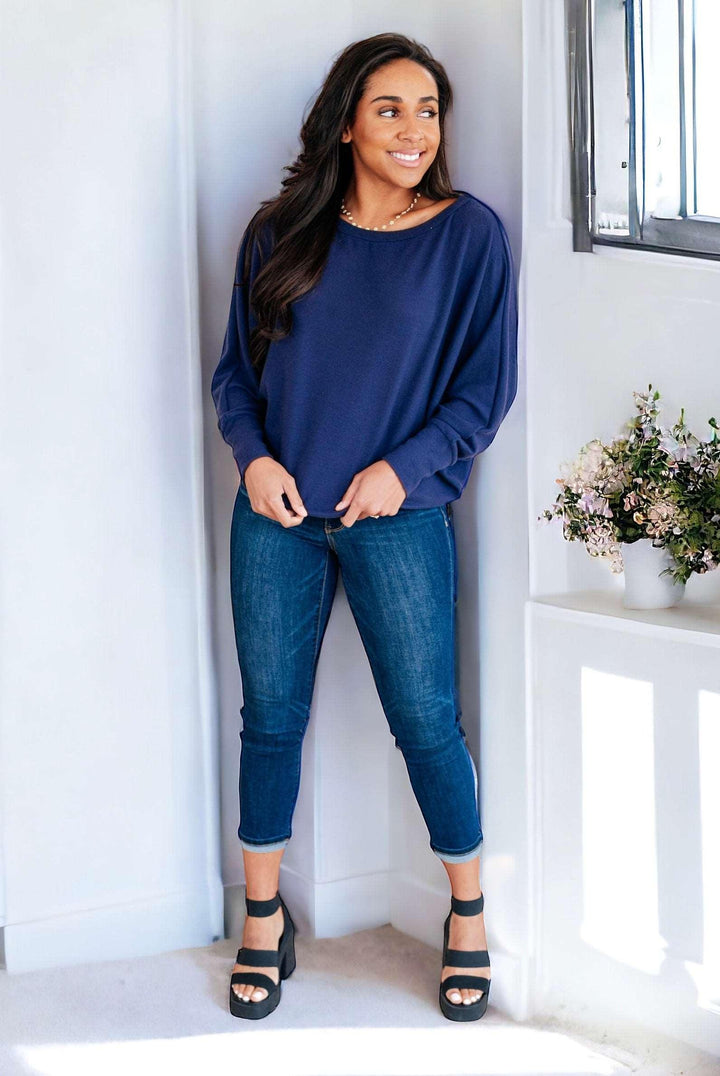 Batwing Sleeve Boatneck Top in Navy Shirts & Tops