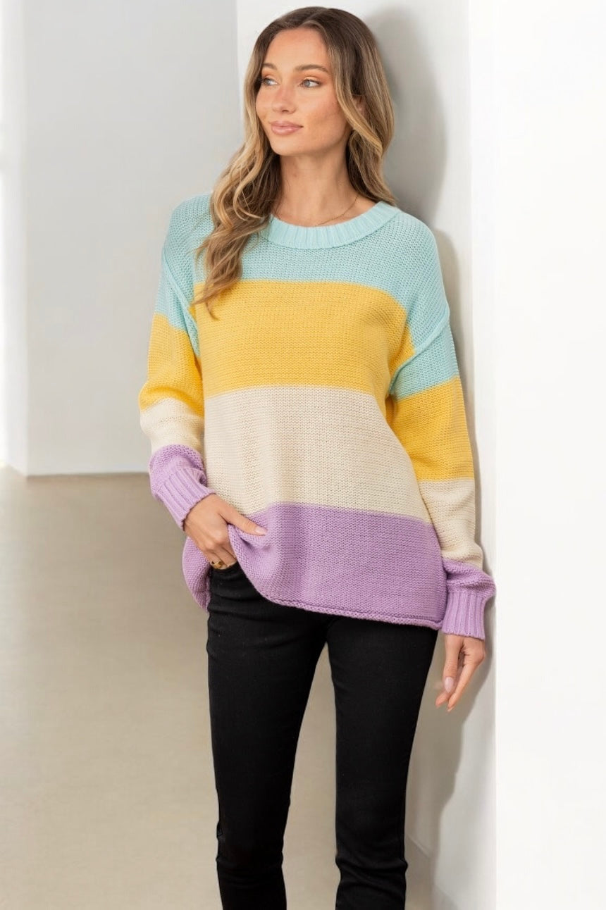 Full Size Color Block Exposed Seam Sweater Tops