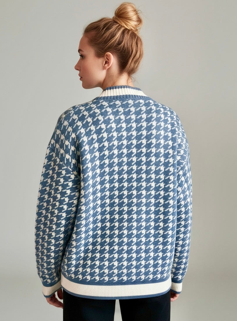 Women’s Houndstooth Pattern V-Neck Button-Up Cardigan