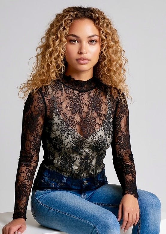 Jade by Jane Floral Print Long Sleeve Lace Mesh Top