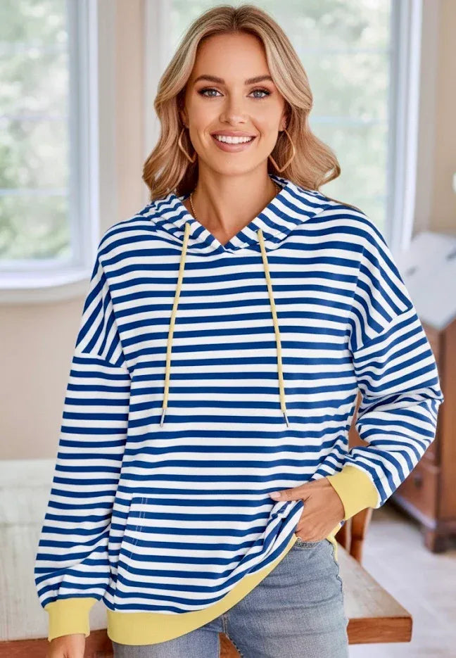 Lovelet Drawstring Striped Long Sleeve Hoodie - DAVERRI FASHIONS