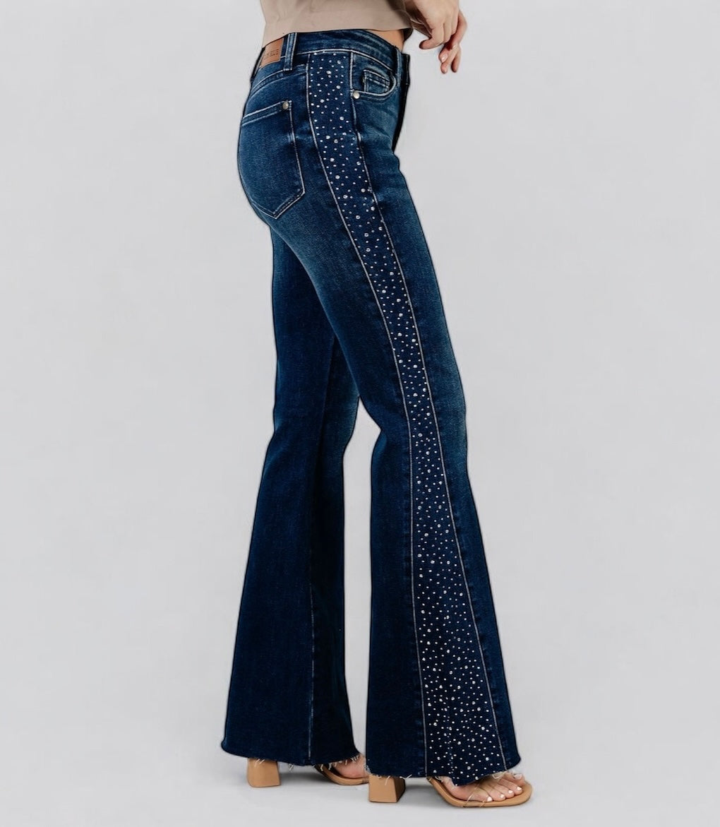 Mid Rise Rhinestone Detail Flare Jeans Jeans