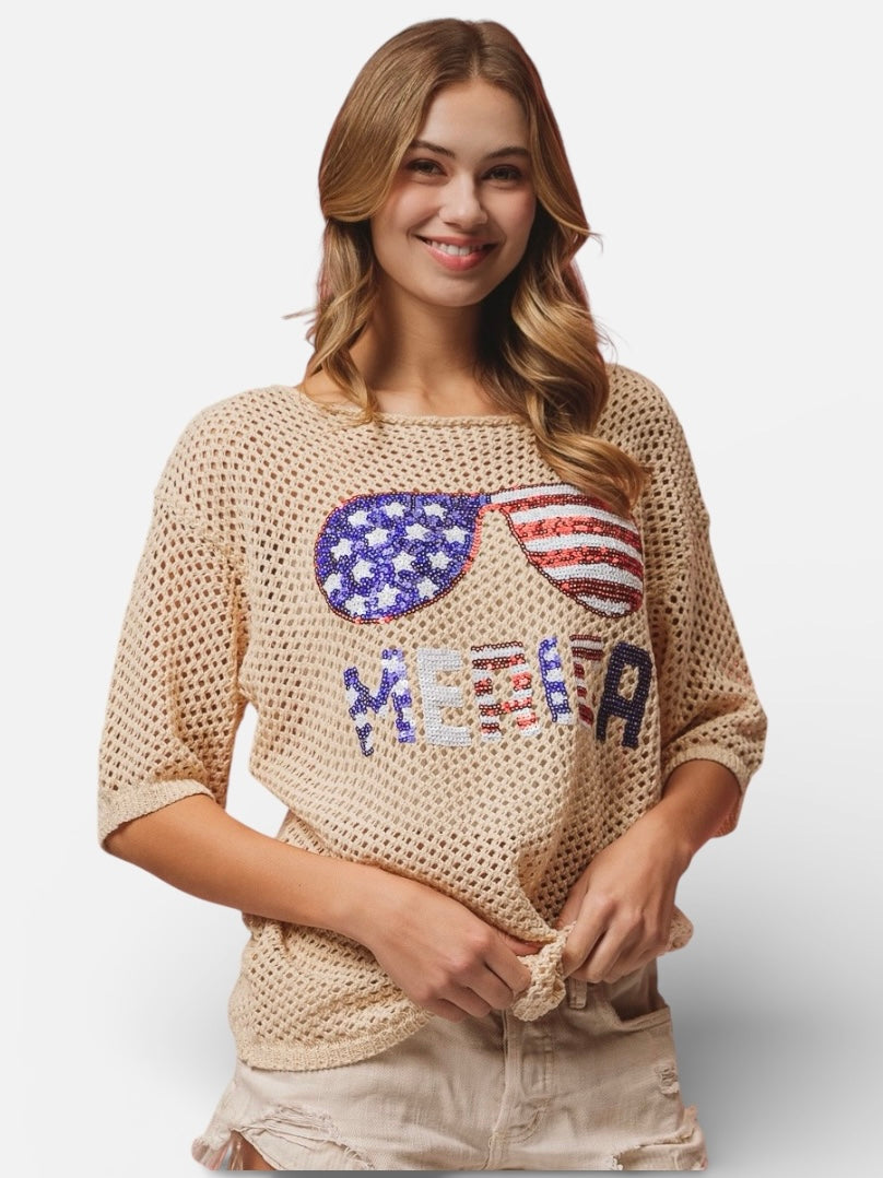 BiBi Sequin American Flag Sunglasses beige crochet sweater with Meea lettering