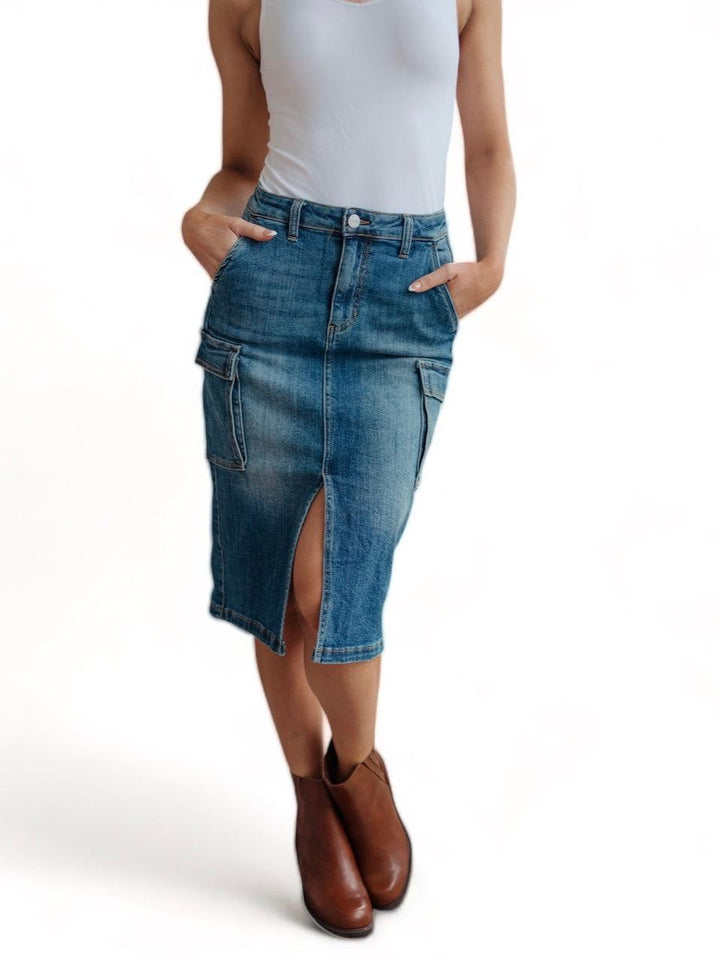 High Rise Front Slit Cargo Denim Skirt Small Medium Wash Skirts