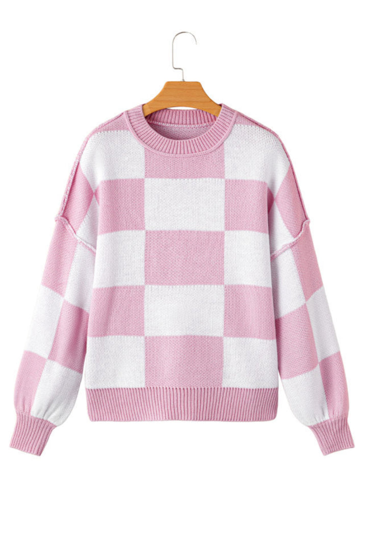 Checkered Exposed Seam Bishop Sleeve Sweater Tops