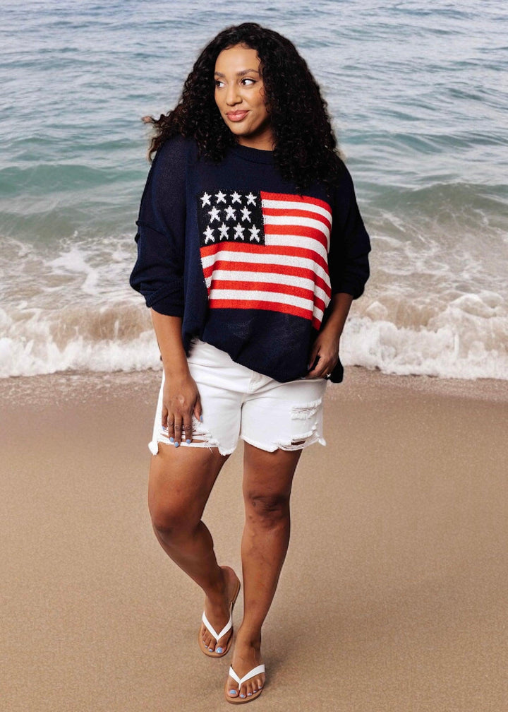 Lightweight American Flag Sweater Knit Pullover Shirts & Tops