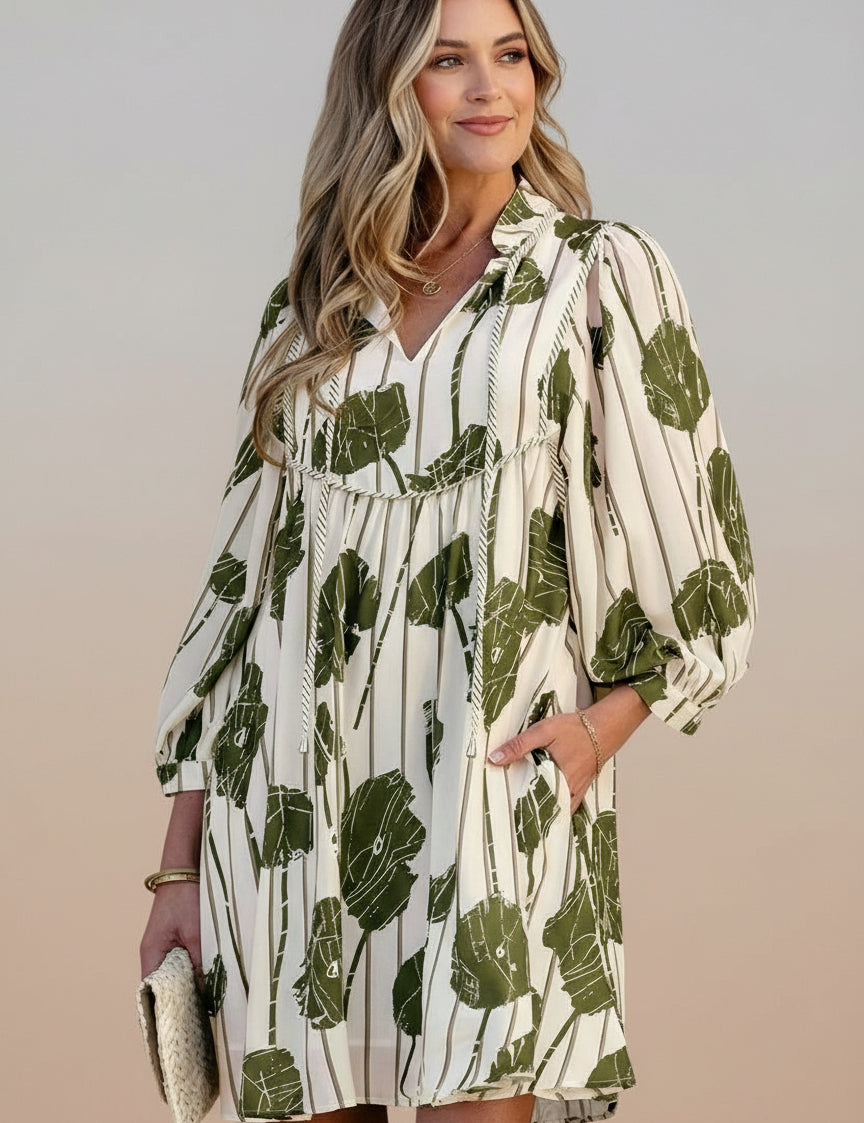 Printed Tie Neck Balloon Sleeve Mini Dress | Dresses Daverri Fashions