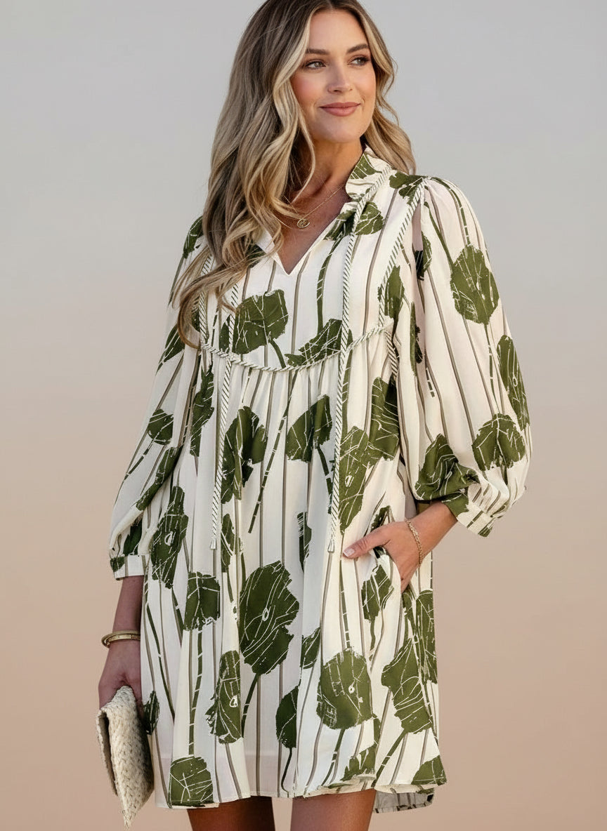 Printed Tie Neck Balloon Sleeve Mini Dress | Dresses Daverri Fashions