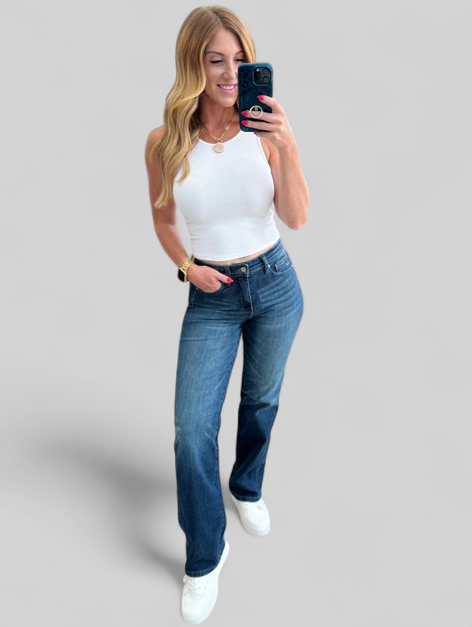 Judy Blue Mid Rise Control Top Classic Straight Jeans Bottoms