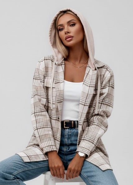 Daverri Plaid Removable Hood Shacket in beige gray white checkered pattern