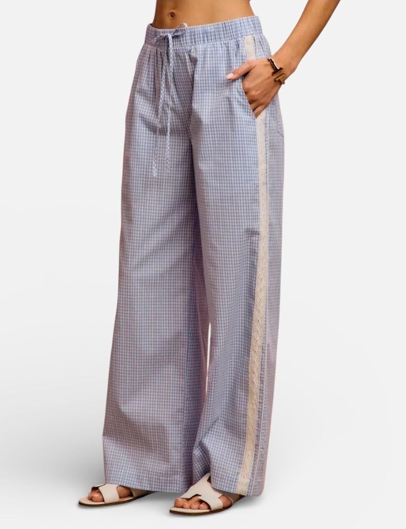 SO ME Wide Check  Pants With Side Lace Trim And Piping