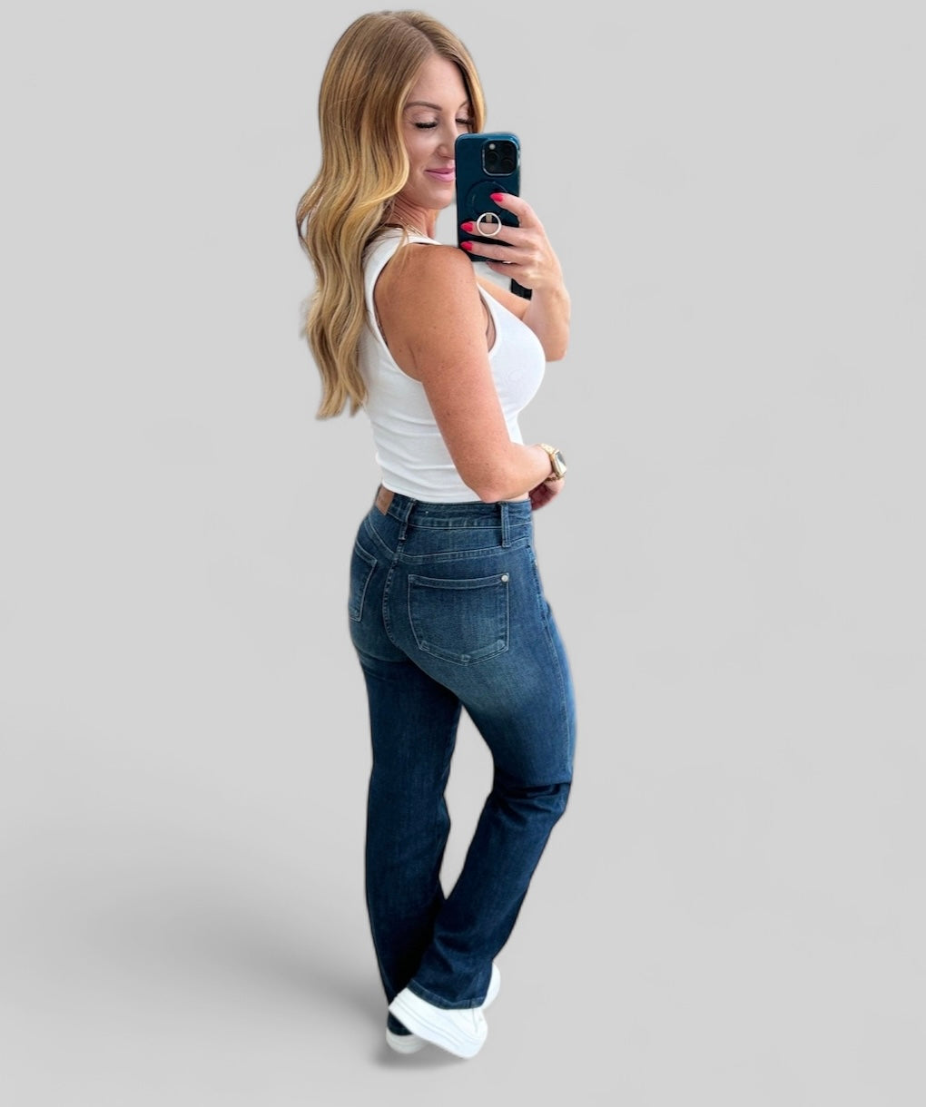 Judy Blue Mid Rise Control Top Classic Straight Jeans Bottoms