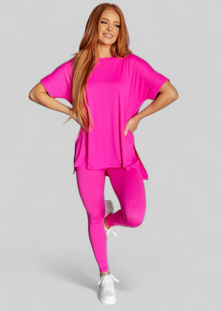 Neon Hot Pink Short Sleeve Loungewear Set Outfit Sets