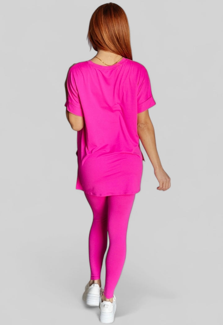 Neon Hot Pink Short Sleeve Loungewear Set Outfit Sets