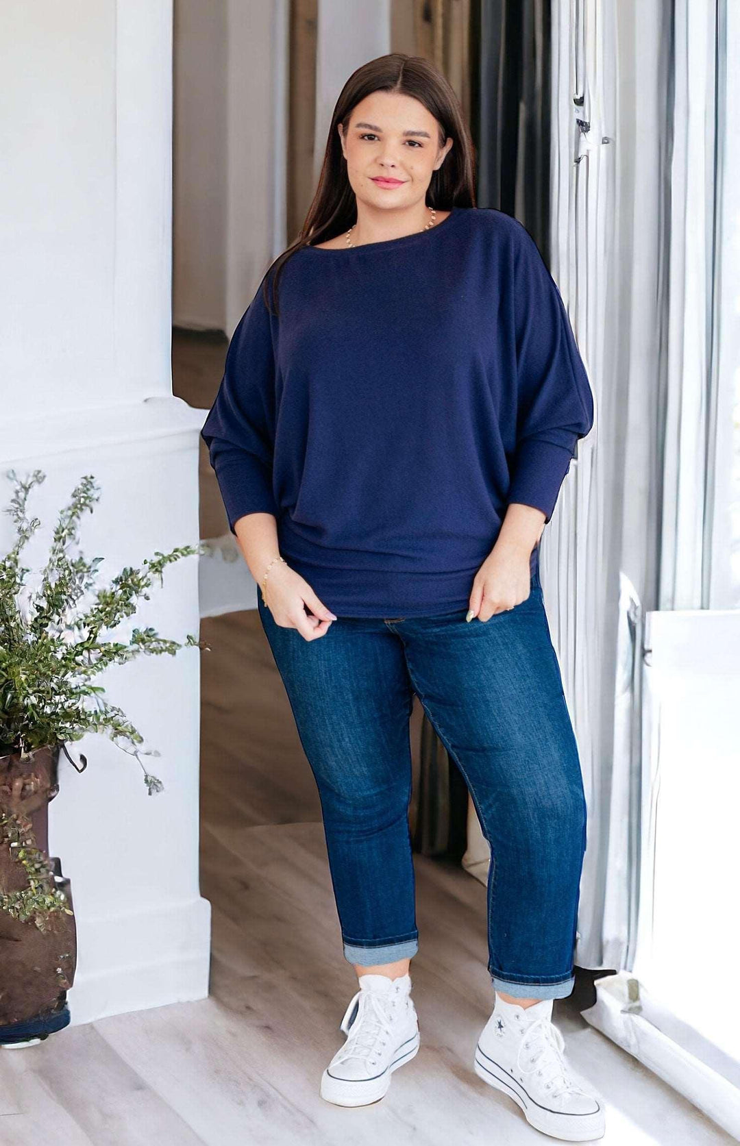 Batwing Sleeve Boatneck Top in Navy Shirts & Tops