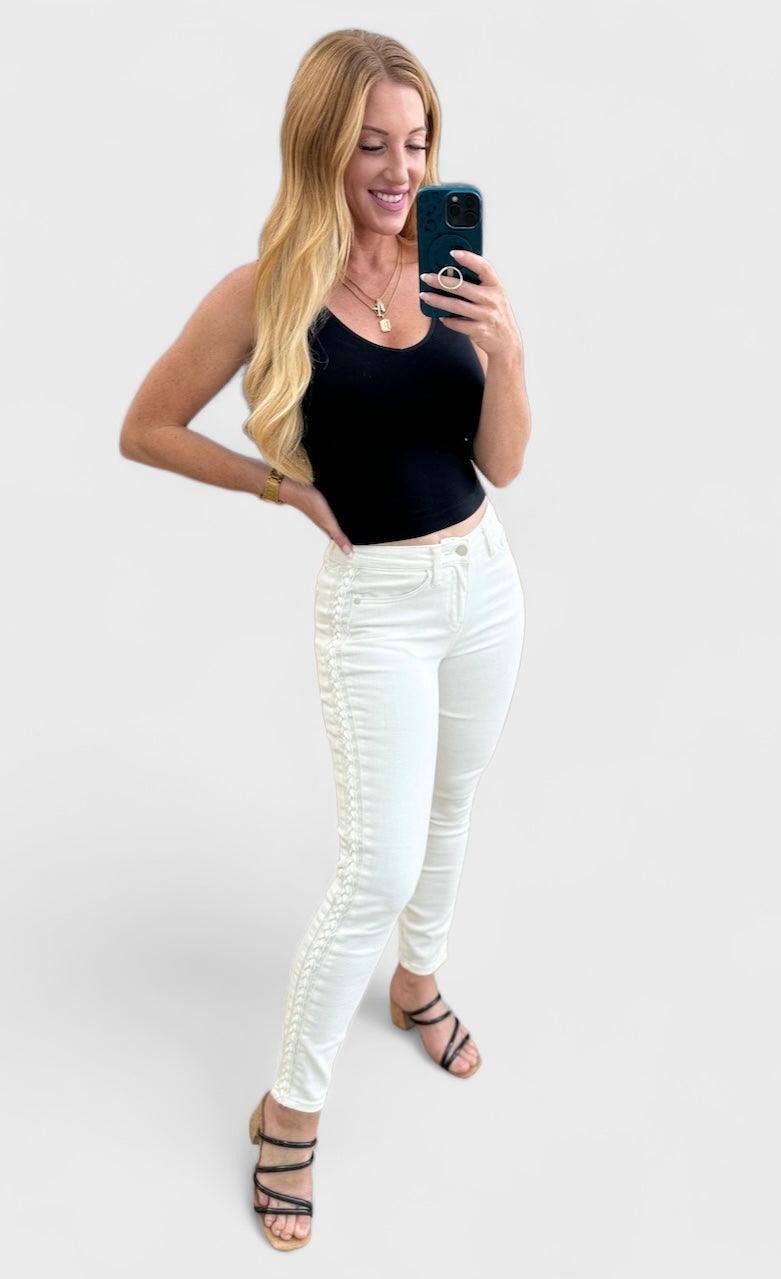 Maddie Mid Rise Braided Side Seam Relaxed Jeans White Jeans