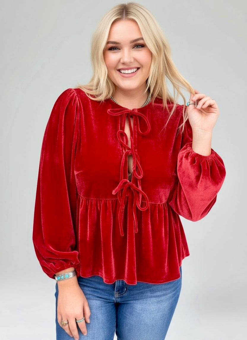 Plus Size Tie Front Velvet Peplum Blouse