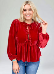 Plus Size Tie Front Velvet Peplum Blouse