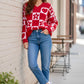 Daverri Floral Heart Checkered V-Neck Sweater in red and white