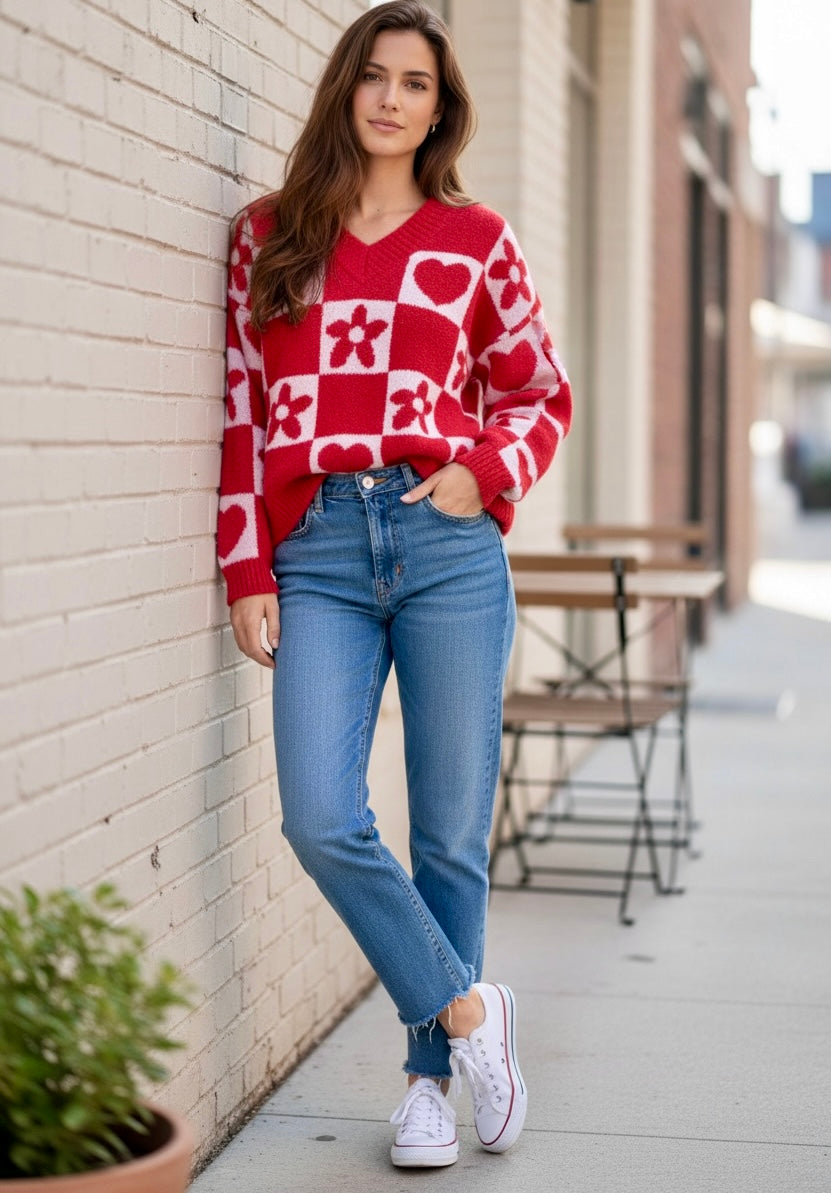 Daverri Floral Heart Checkered V-Neck Sweater in red and white