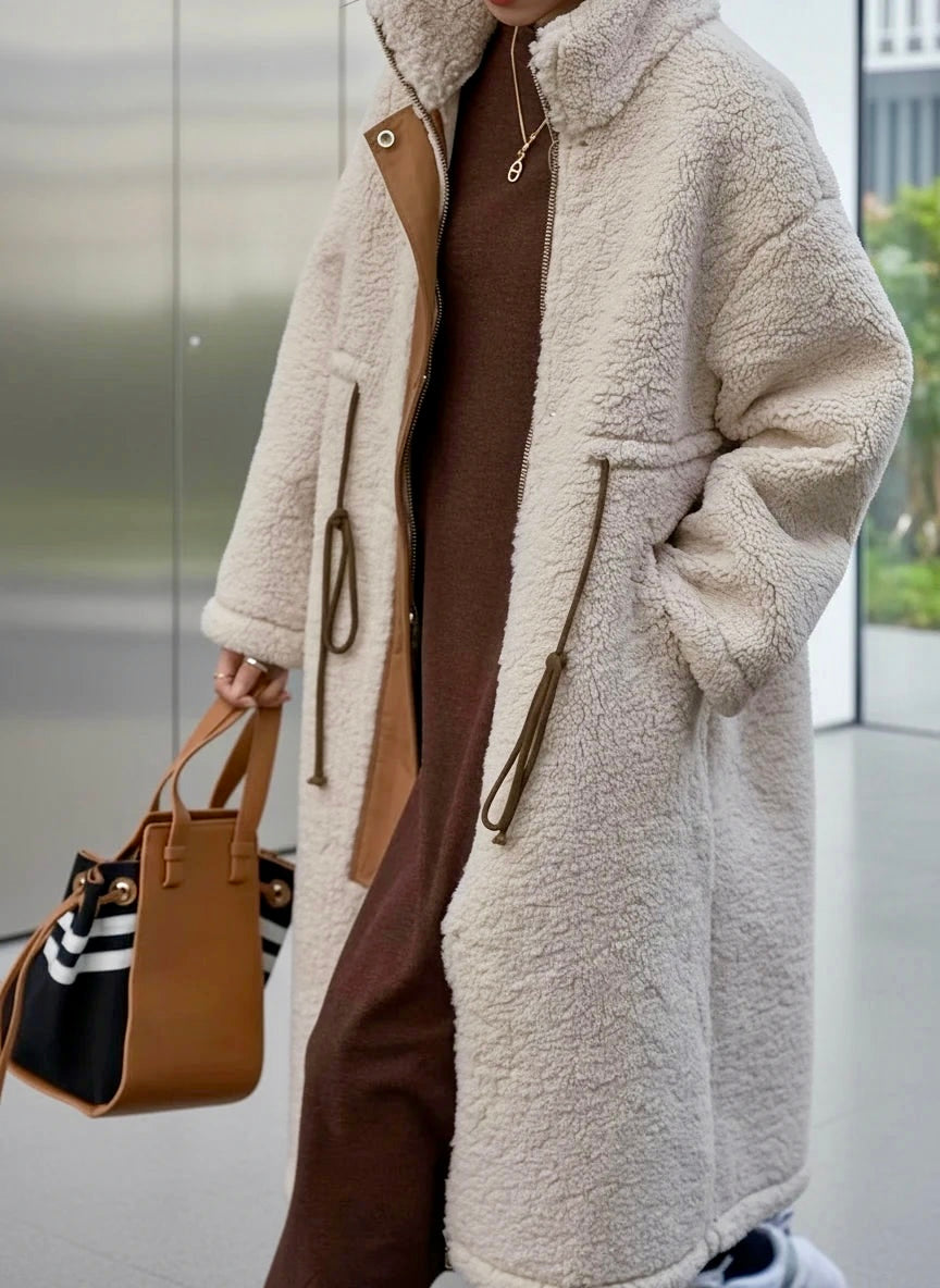Plus Size Drawstring Zip Up Turtleneck Sherpa Coat