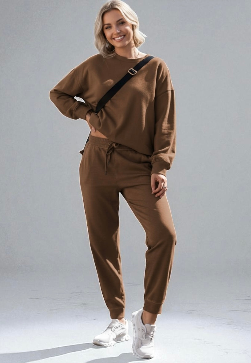 Side Slit Round Neck Long Sleeve Top and Pants Set | Loungewear Sets Daverri Fashions