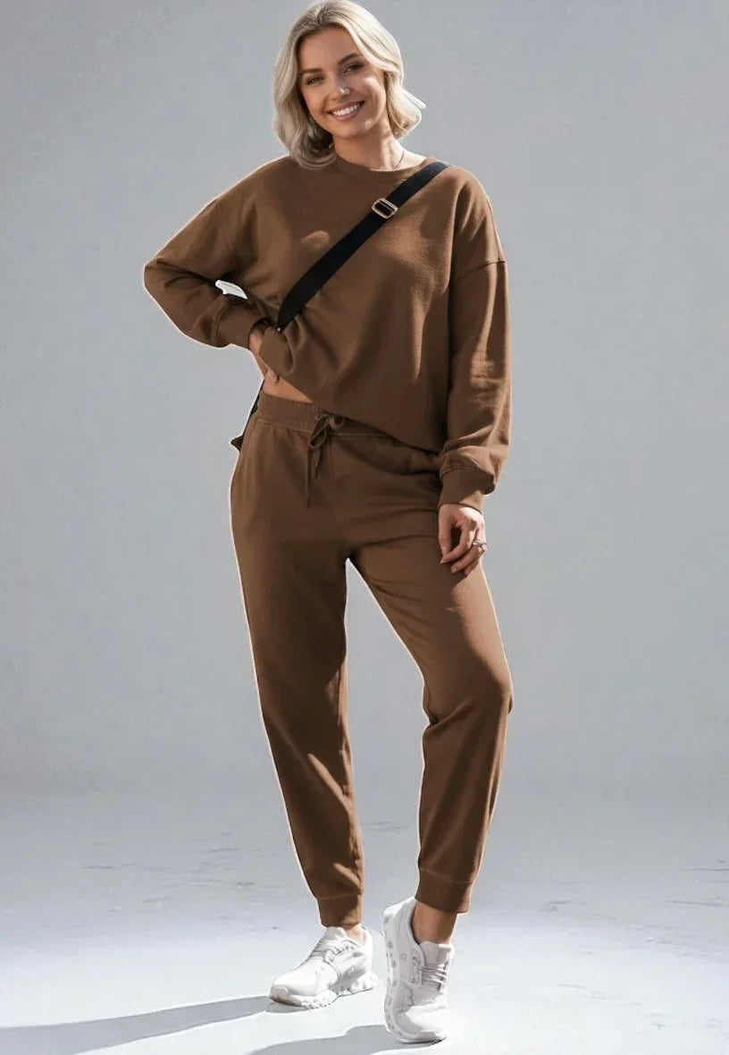 Side Slit Round Neck Long Sleeve Top and Pants Set - DAVERRI FASHIONS