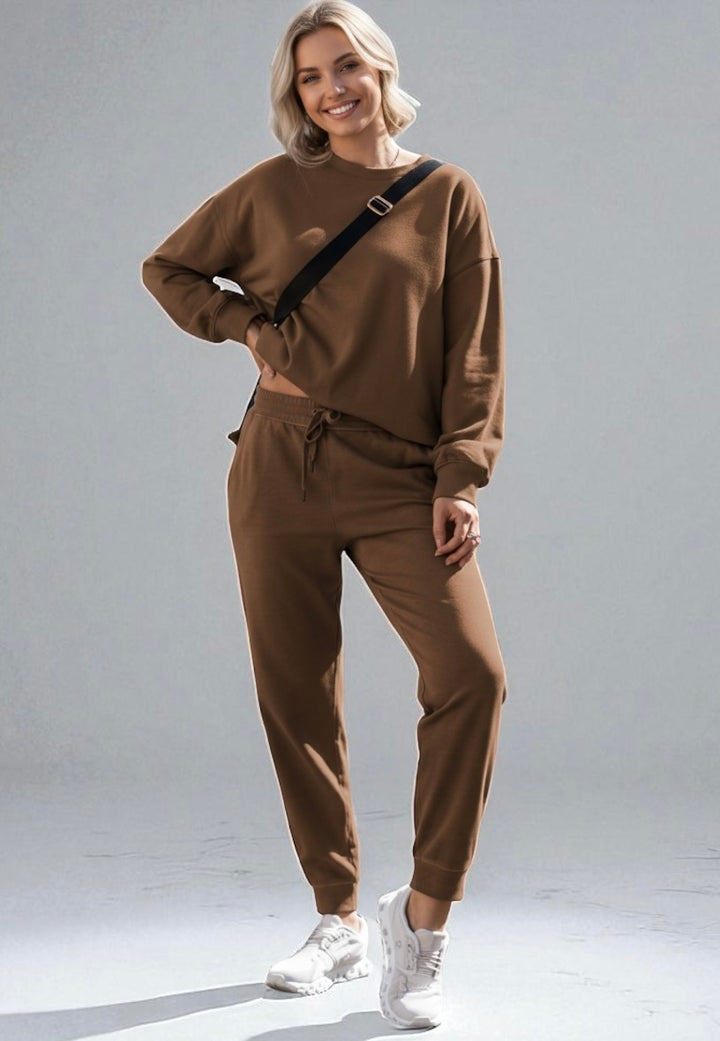 Side Slit Round Neck Long Sleeve Top and Pants Set | Loungewear Sets Daverri Fashions