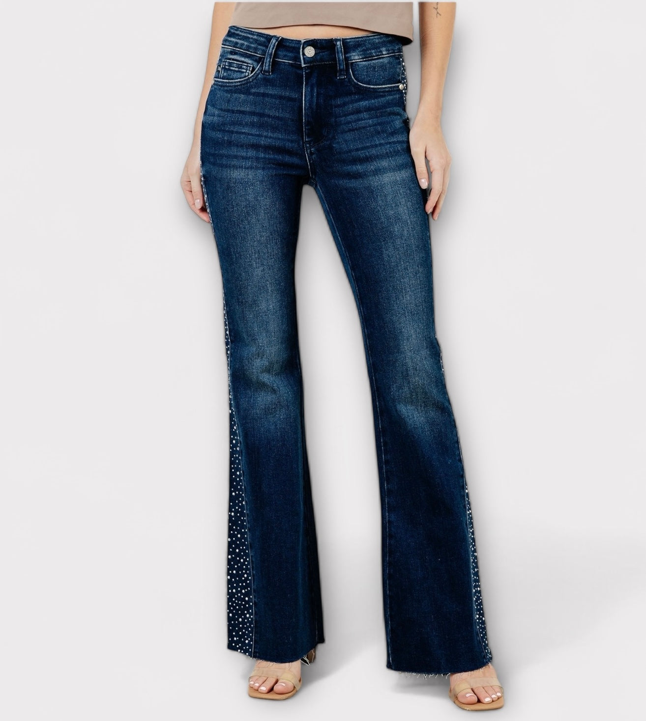 Mid Rise Rhinestone Detail Flare Jeans Jeans