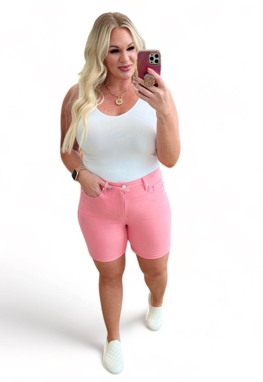 Judy Blue Pink High Rise Control Top Cuffed Shorts Denim Shorts