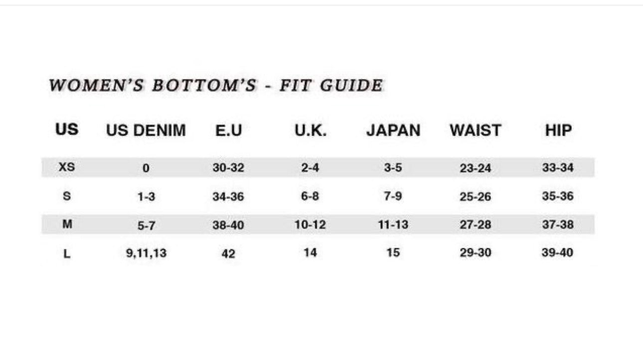 Junior low rise rhinestone daisy jean women’s size chart: US, EU, UK, Japan measurements