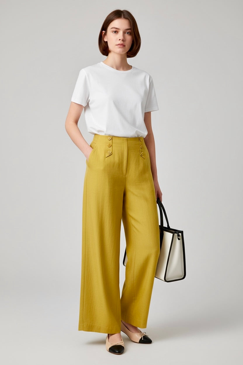 Daverri wide-leg button-decorated pants in mustard yellow high-waisted fit
