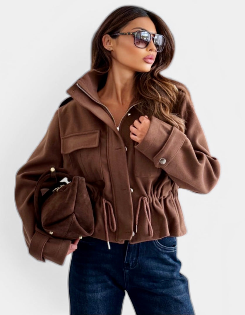 Daverri brown suede-like cropped jacket with hood and drawstring waist