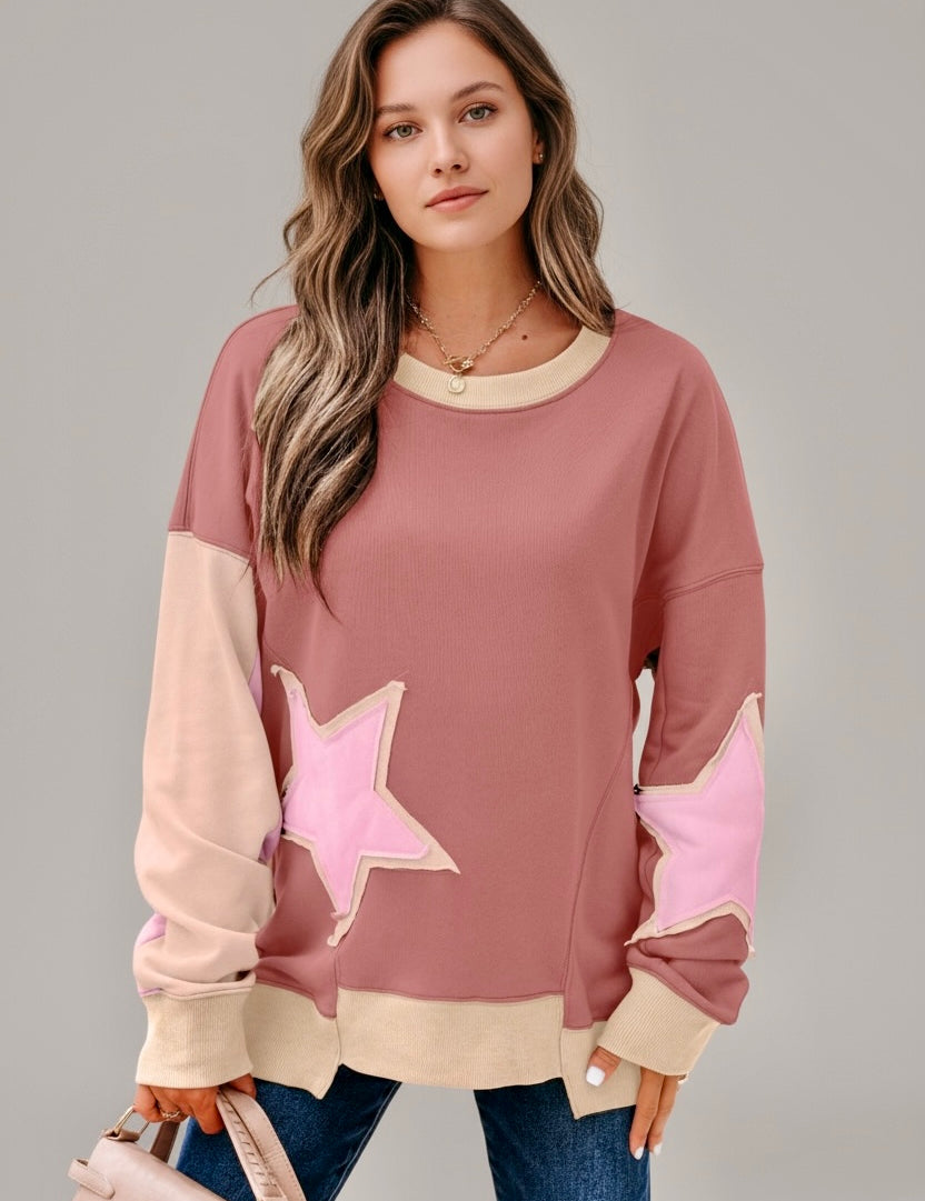 Contrast Star Patchwork Exposed Seam Uneven Hem Drop Shoulder Sweatshirt | Sweatshirts Daverri Fashions