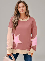 Contrast Star Patchwork Exposed Seam Uneven Hem Drop Shoulder Sweatshirt | Sweatshirts Daverri Fashions