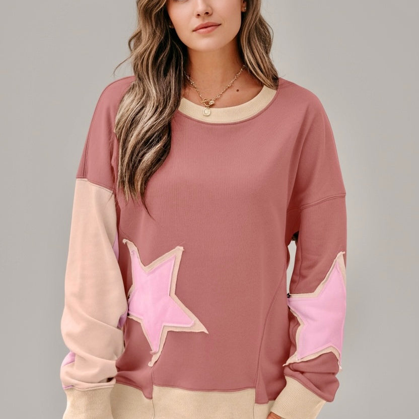 Contrast Star Patchwork Exposed Seam Uneven Hem Drop Shoulder Sweatshirt | Sweatshirts Daverri Fashions