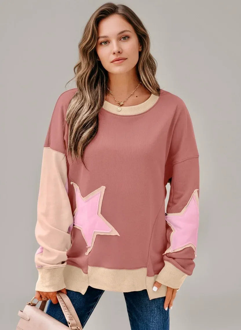 Star Patchwork Exposed Seam Drop Shoulder Sweatshirt - DAVERRI FASHIONS
