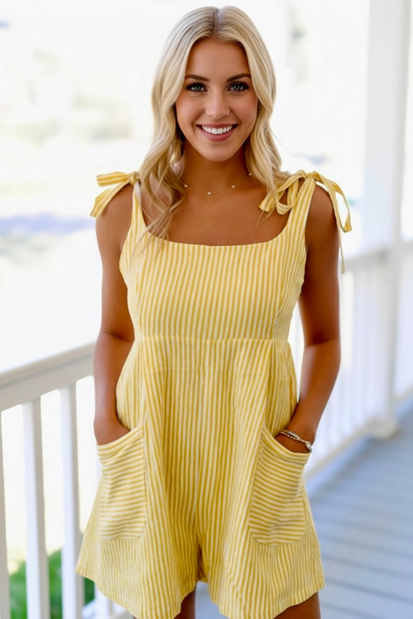Daverri yellow striped tie-shoulder sleeveless romper with pockets