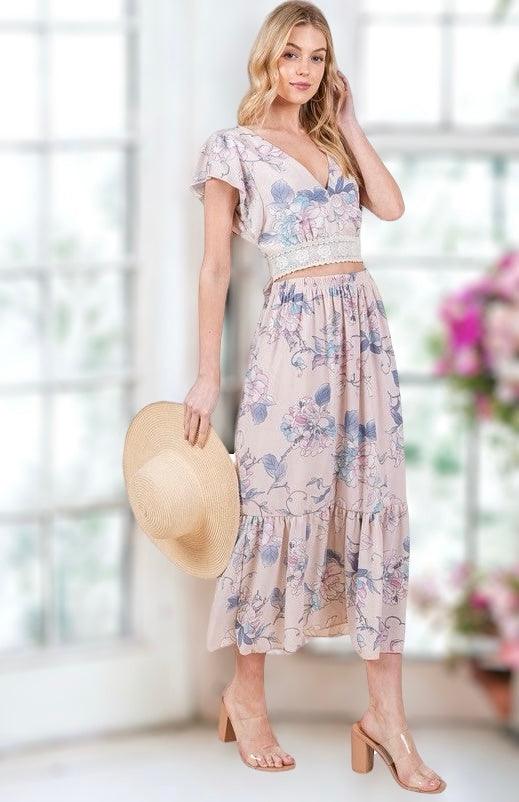 Floral Print Skirt Set with Tie Back Blouse Skirt Sets