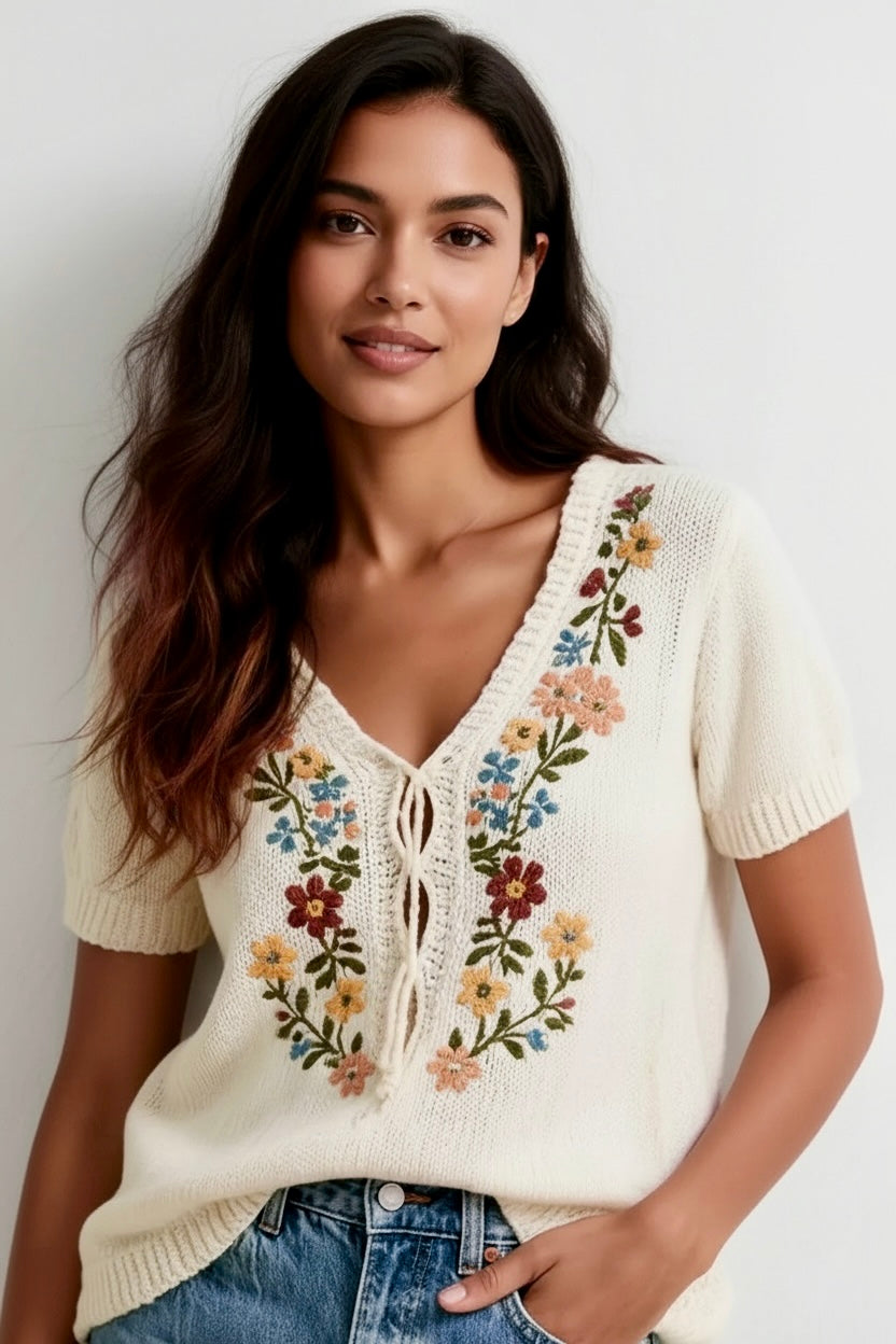 Daverri floral embroidered short sleeve cream knit sweater