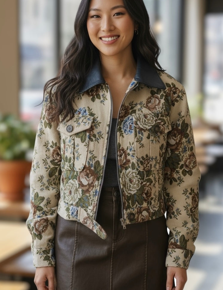 Vintage Floral Print Zip Up Contrast Collared Jacket | Jackets Daverri Fashions