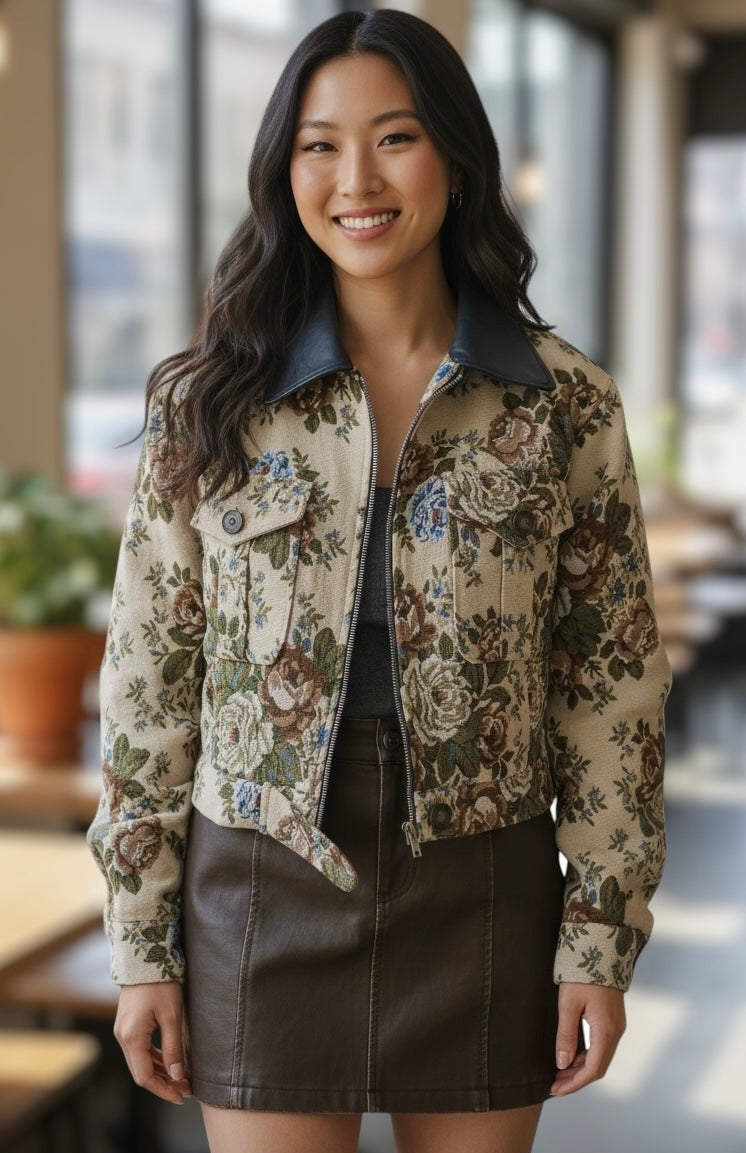 Vintage Floral Print Zip Up Contrast Collared Jacket | Jackets Daverri Fashions