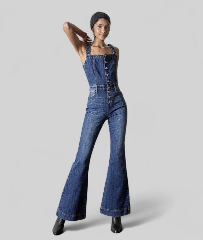 Front Button Flare Denim Jumpsuit DARK Jumpsuits