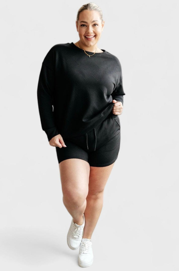 Textured Black Sweatshirt and Shorts Set Shorts Sets