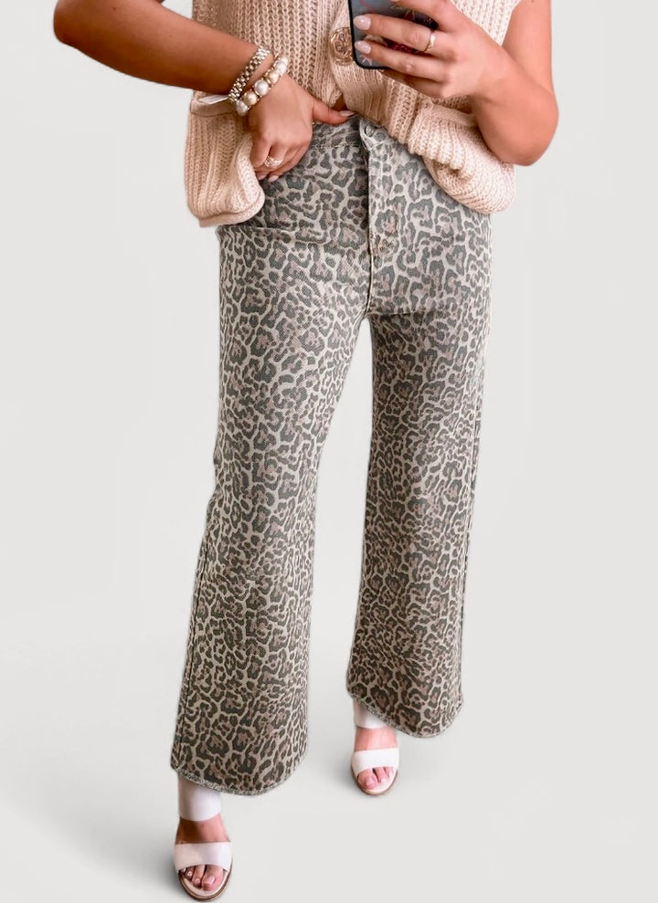 Leopard Frayed Edge Wide Leg High Waist Jeans