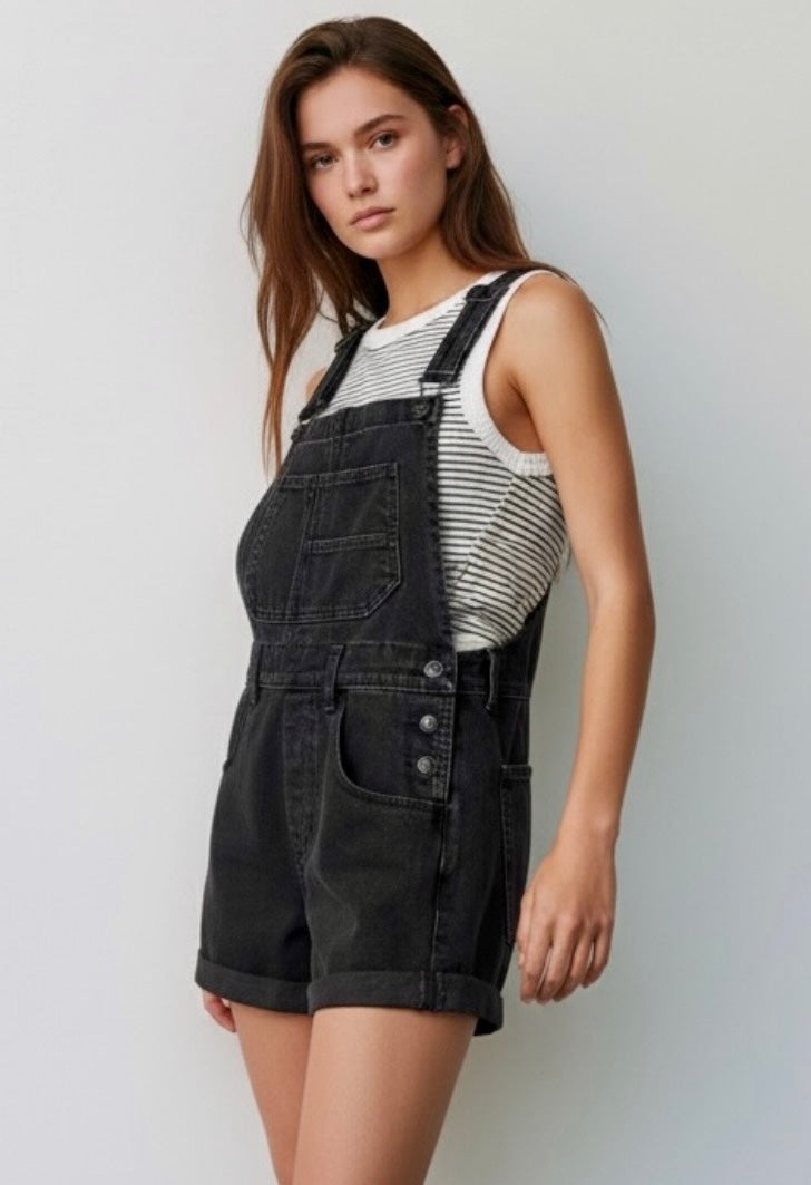 Daverri square neck wide strap denim shortalls with rolled cuffs and buttons