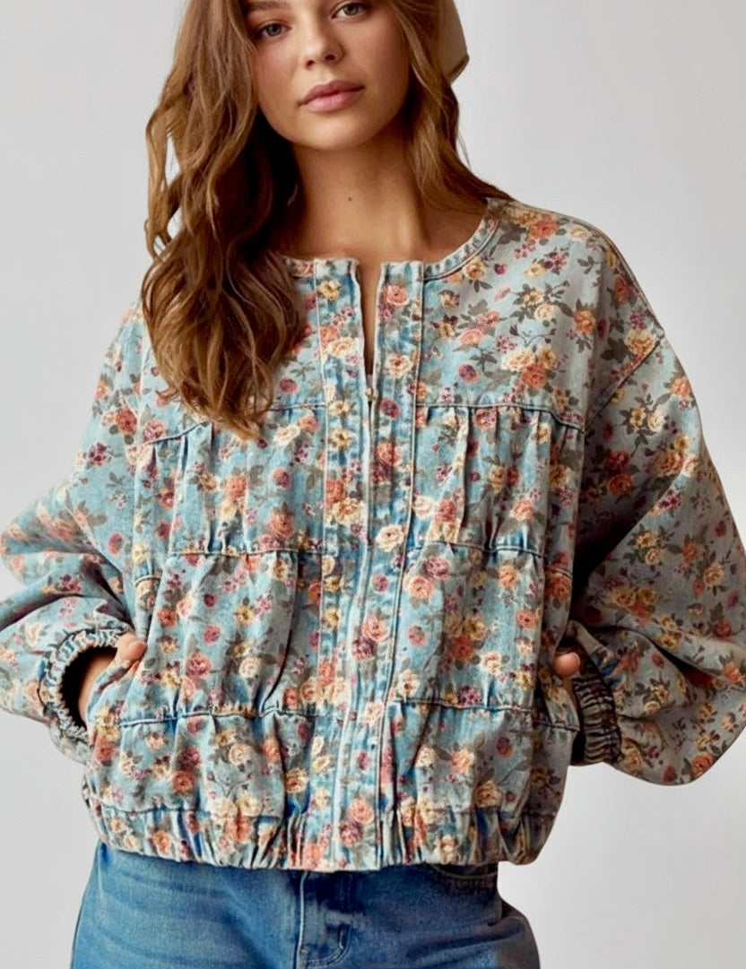 Floral Print Zip Up Cropped Denim Jacket | Denim Jackets Daverri Fashions