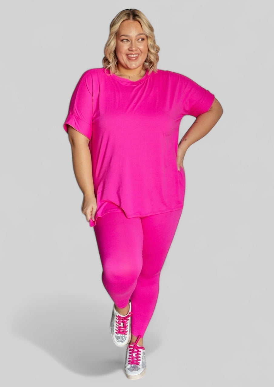 Neon Hot Pink Short Sleeve Loungewear Set Outfit Sets