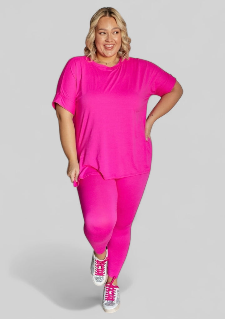 Neon Hot Pink Short Sleeve Loungewear Set Outfit Sets