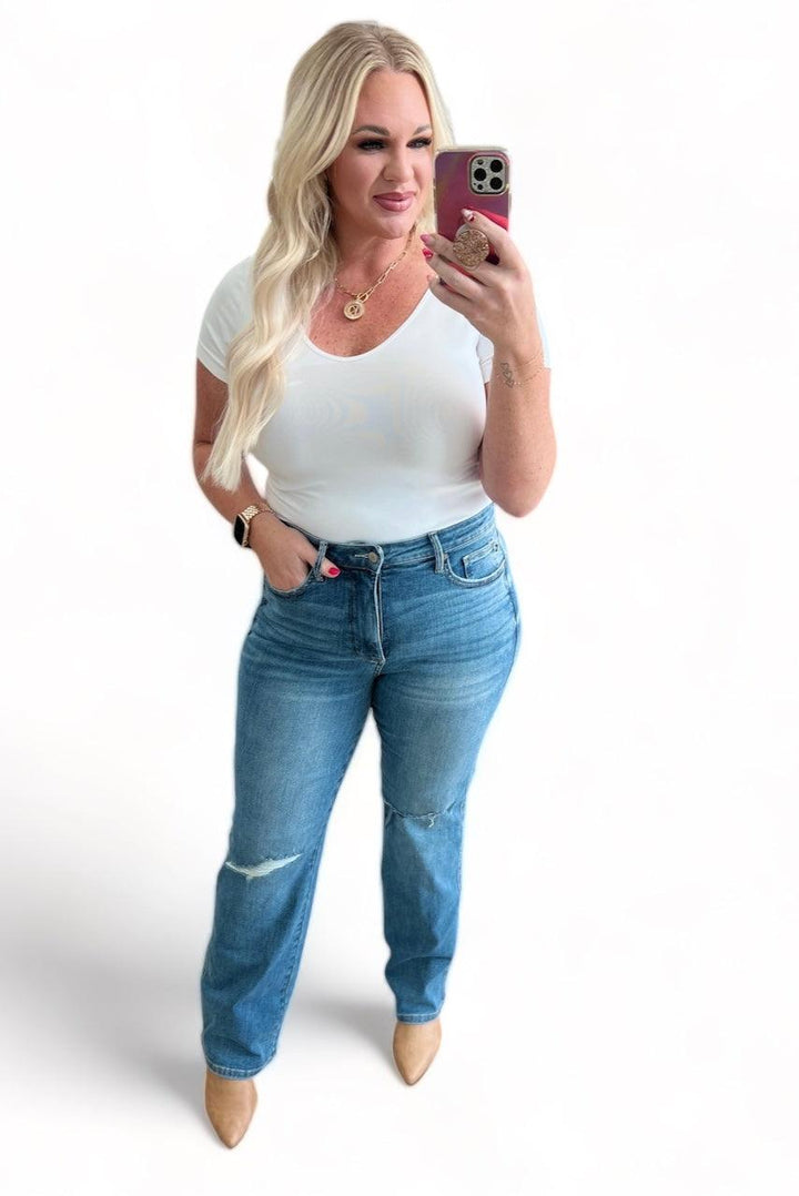 Judy Blue High Rise Control Top Distressed Straight Jeans Light Wash Jeans